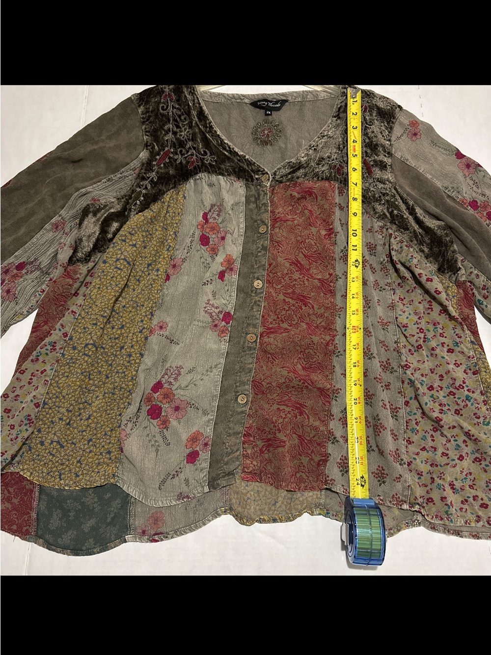 Young threads womens size xxl Boho Patchwork Floral Button-Front Blouse - Picture 5 of 6